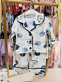 Düğmeli mavi renk  erkek bebek pijama takımı