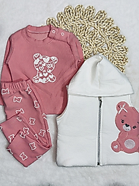 Ayıcık nakışlı kız bebek yelekli 3’lü takım