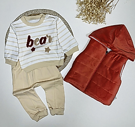 Kadife yelekli erkek bebek 3’lü takım