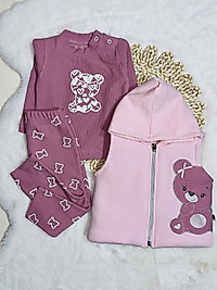 Ayıcık nakışlı kız bebek yelekli 3’lü takım