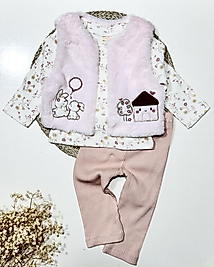 Peluş yelekli kız bebek 3’lü takım