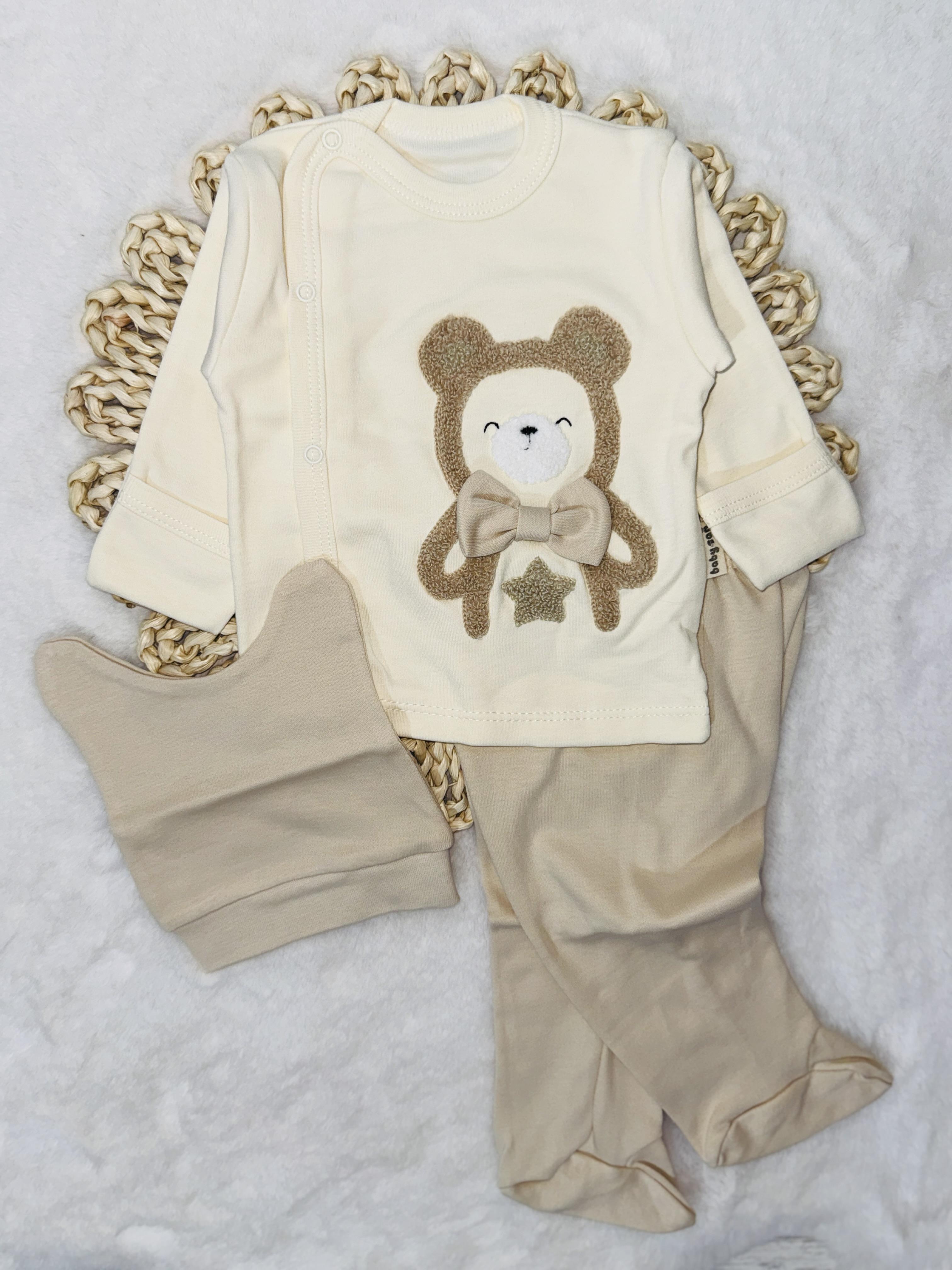 Ayıcık nakışlı papyonlu Erkek bebek Hastane çıkışı