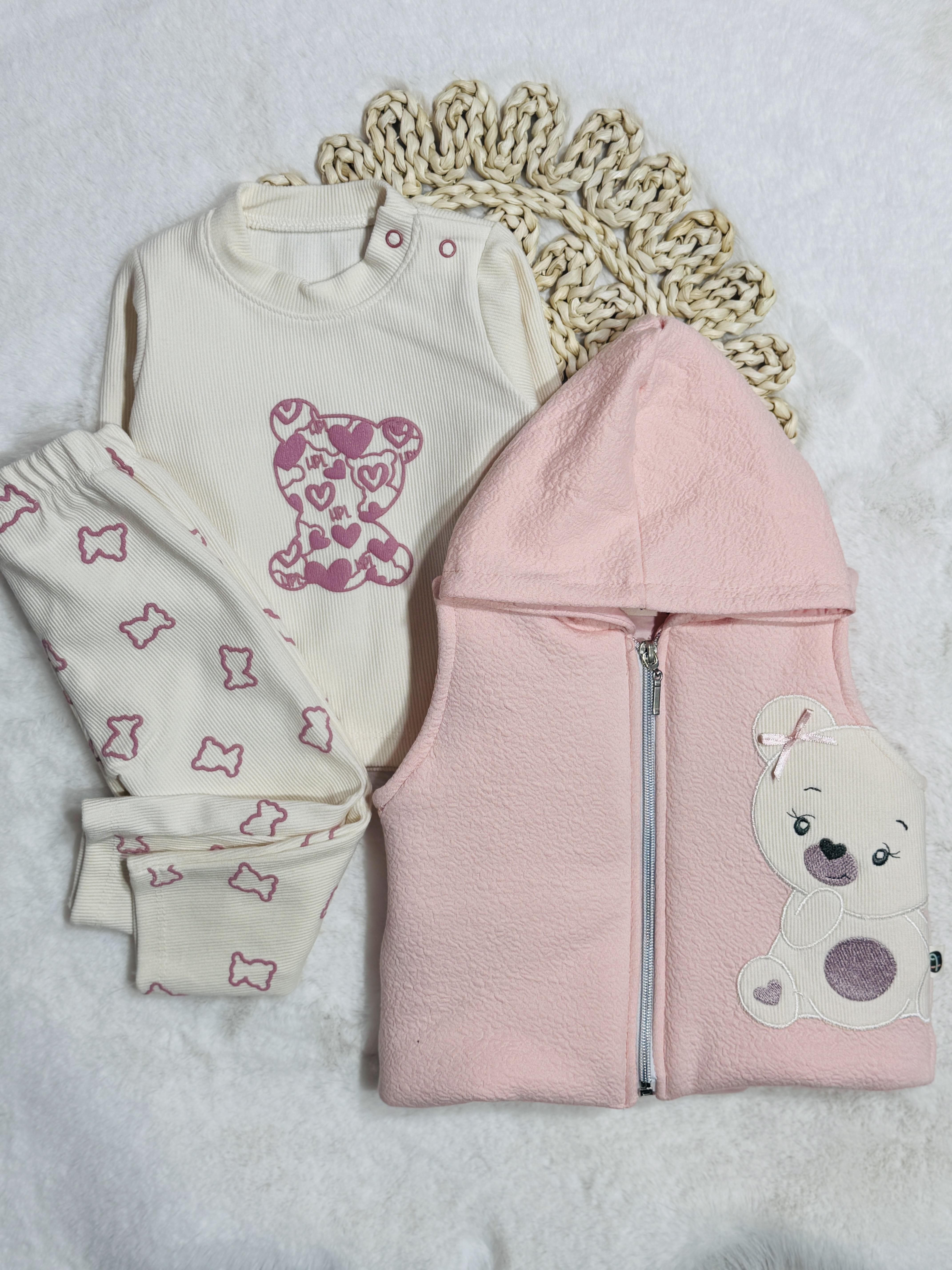 Ayıcık nakışlı kız bebek yelekli 3’lü takım