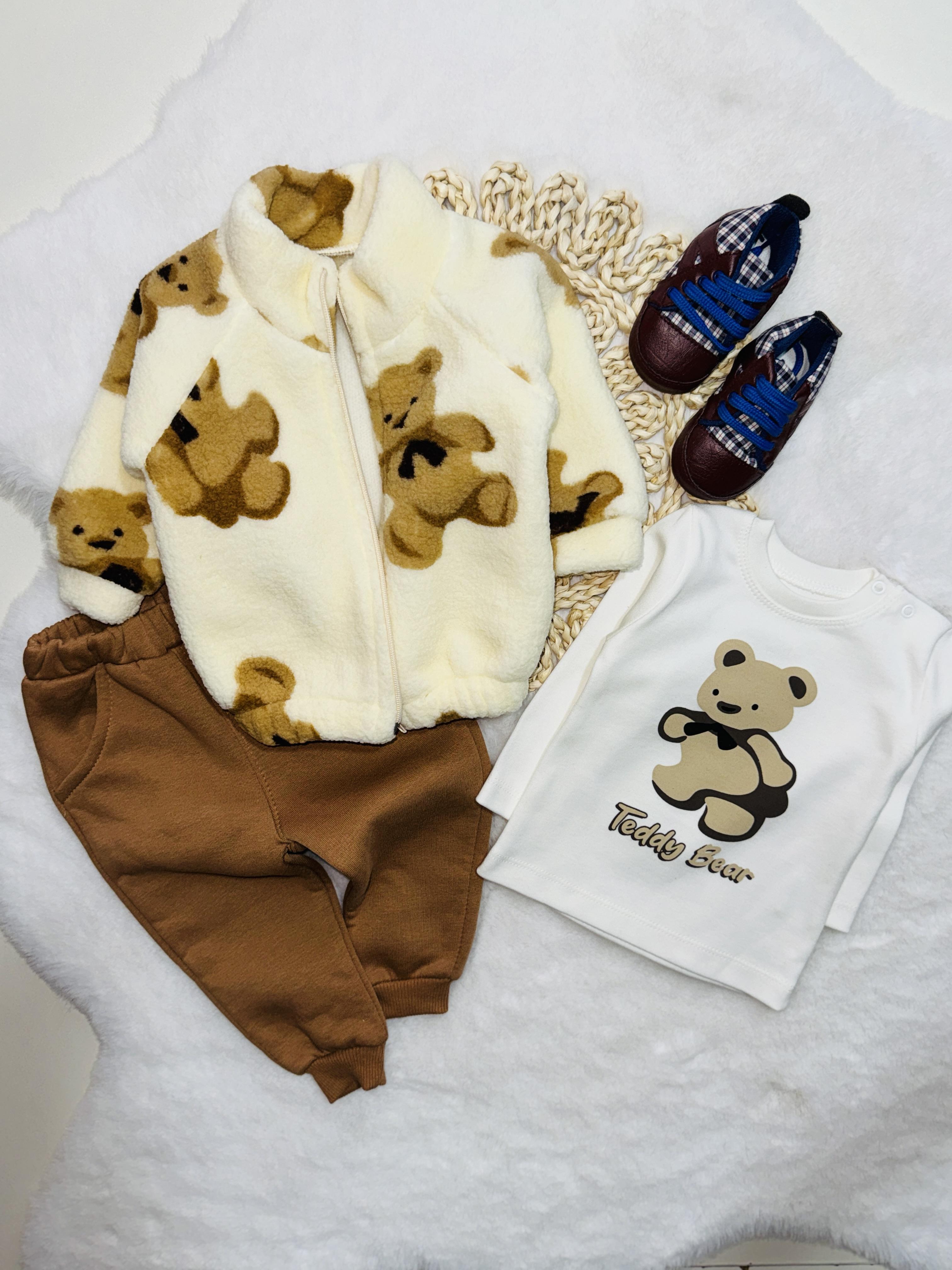 Ayıcık desenli peluşlu erkek bebek 3’lü takım