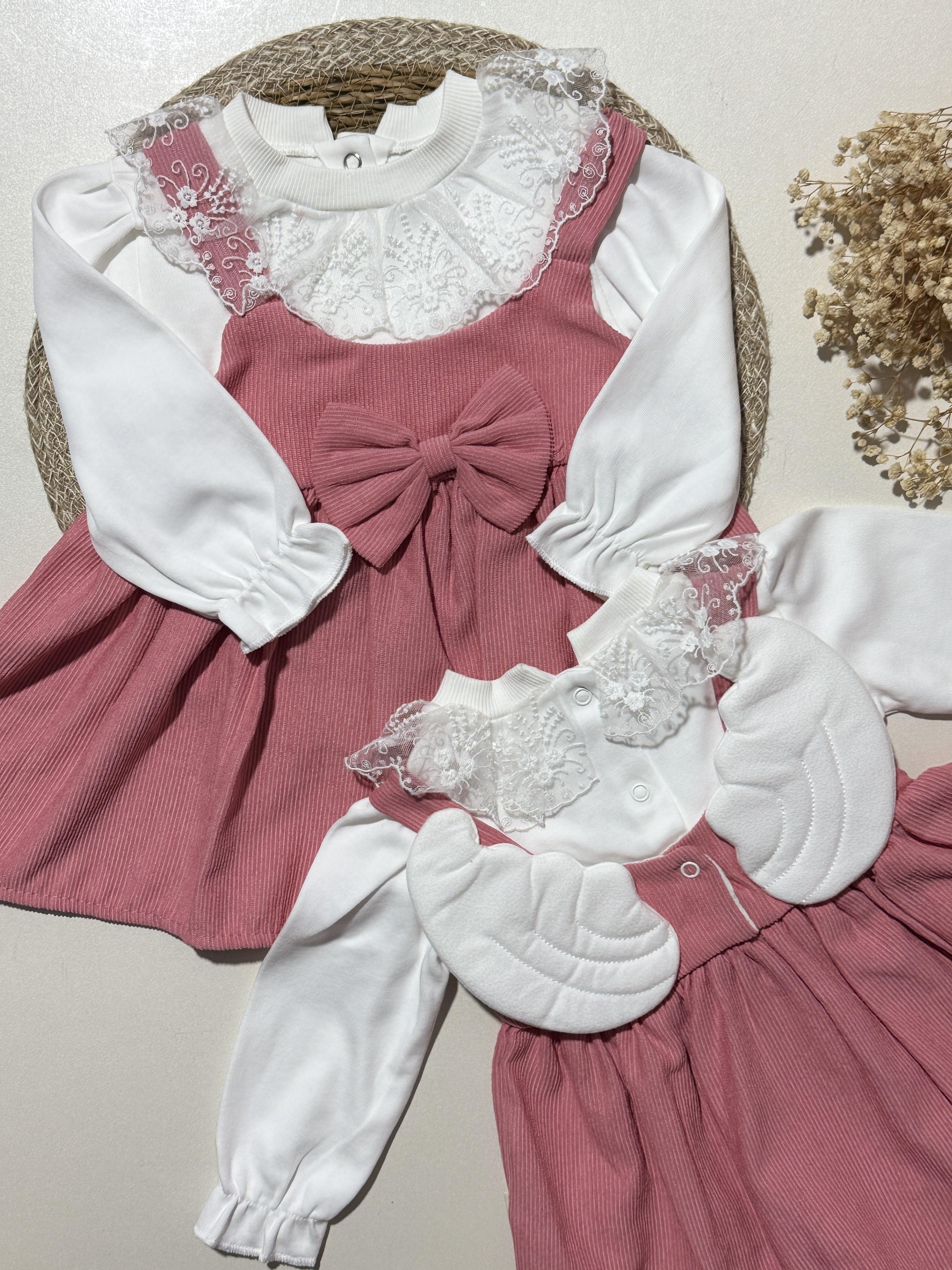 Melek kanatlı koyu pembe kız bebek elbise