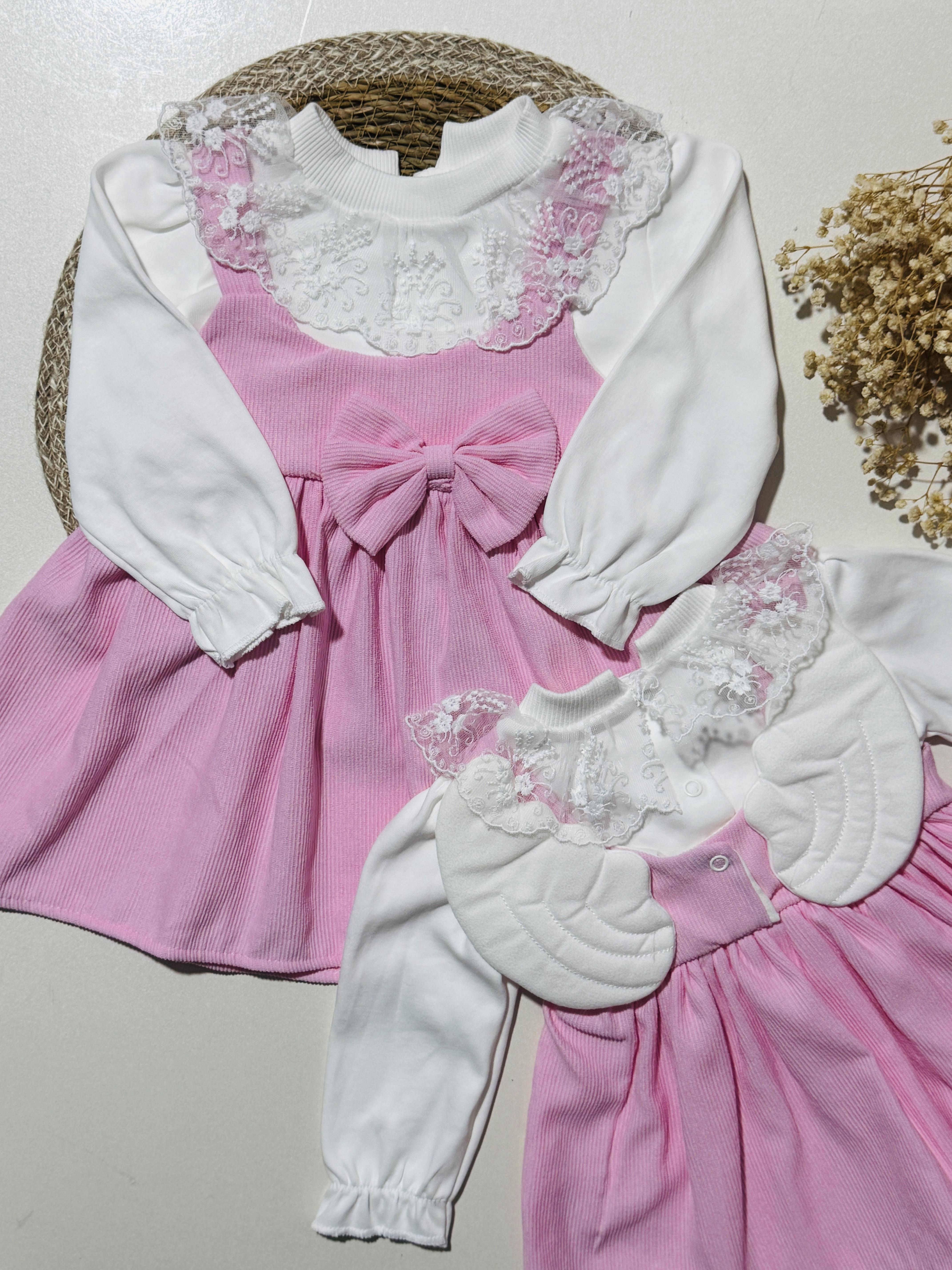 Melek Kanatlı pembe renk kız bebek elbise