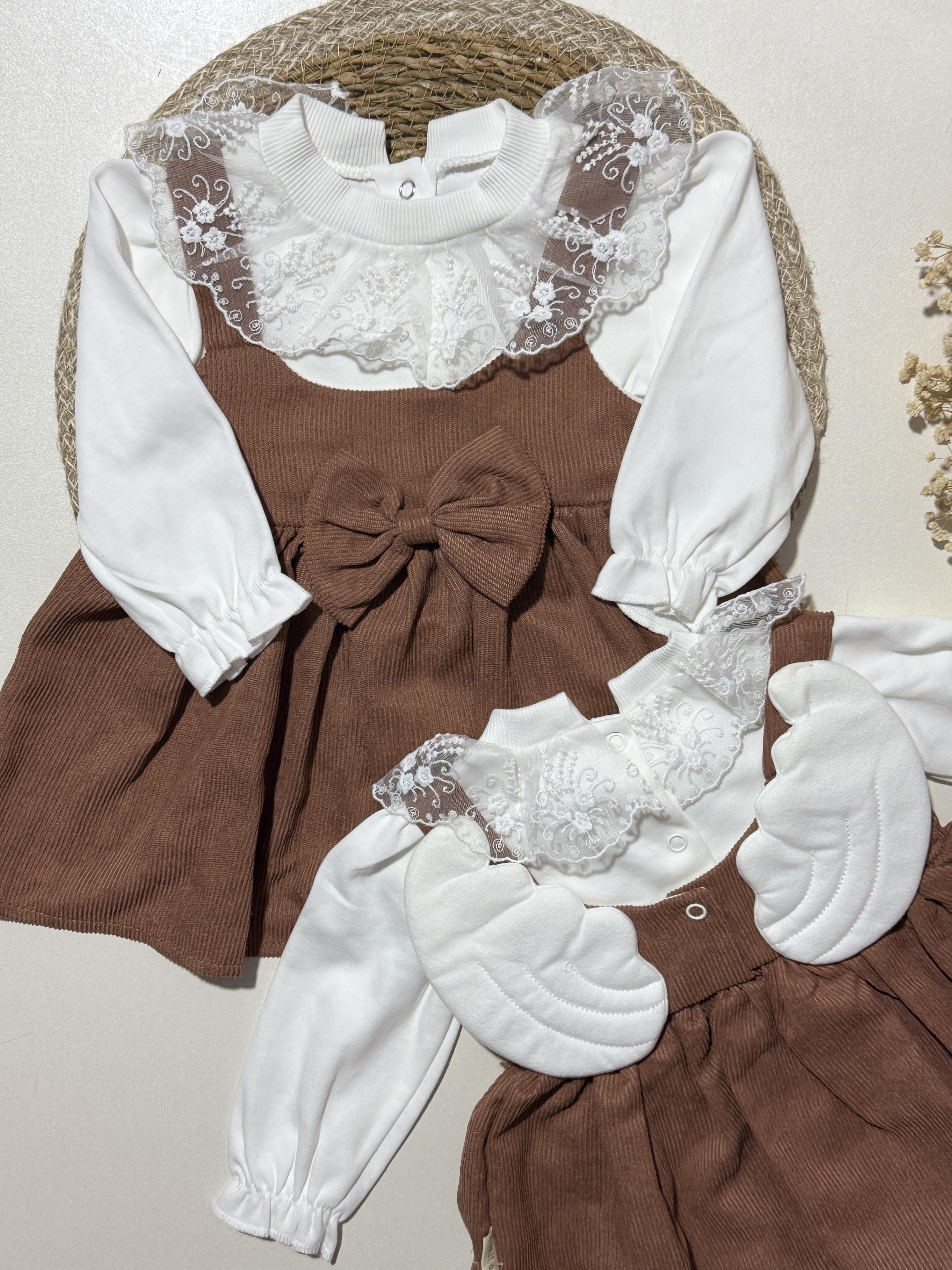 Melek Kanatlı kahverengi kız bebek elbise