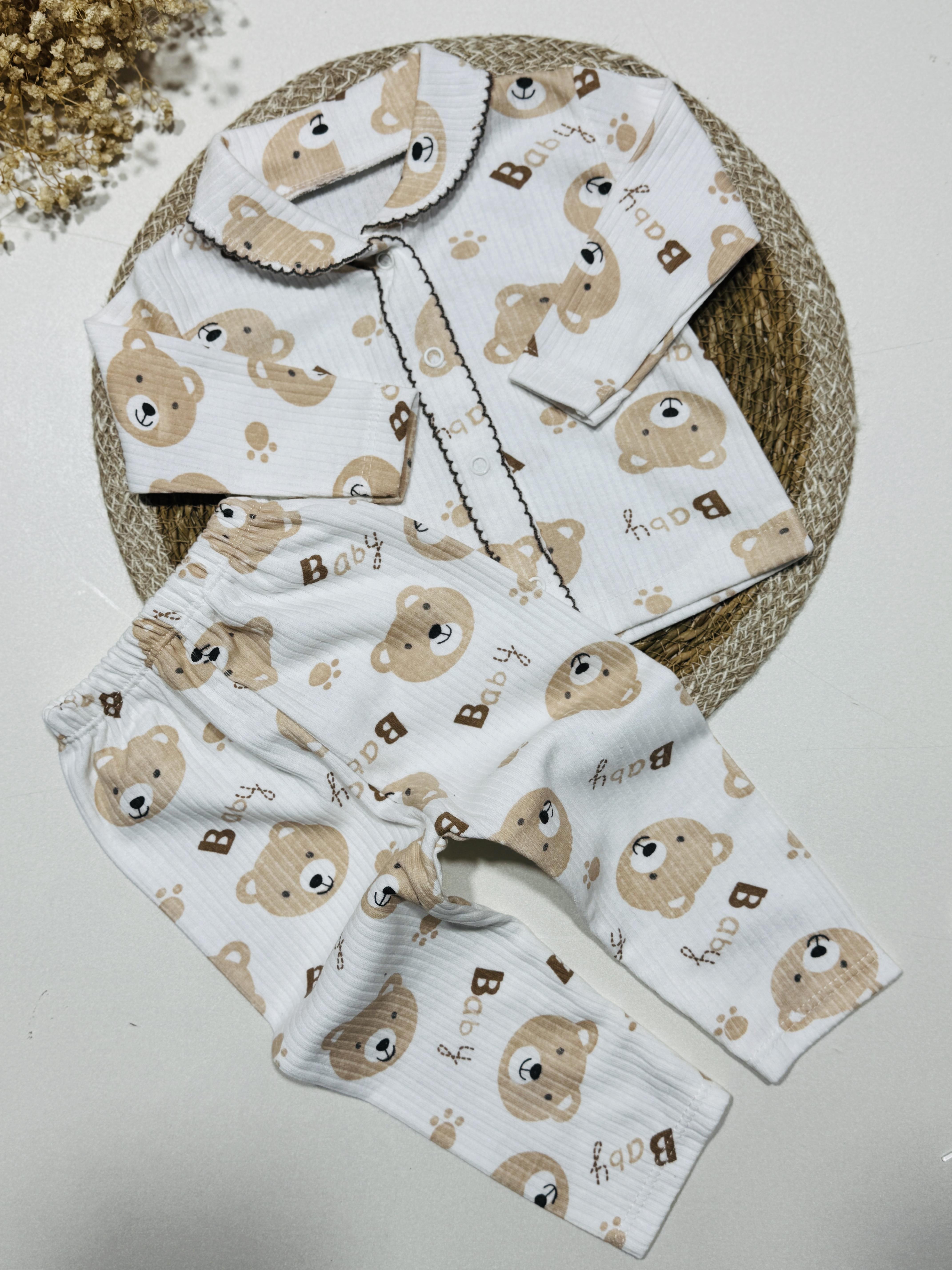 Ayıcık desenli kahverengi erkek bebek takım