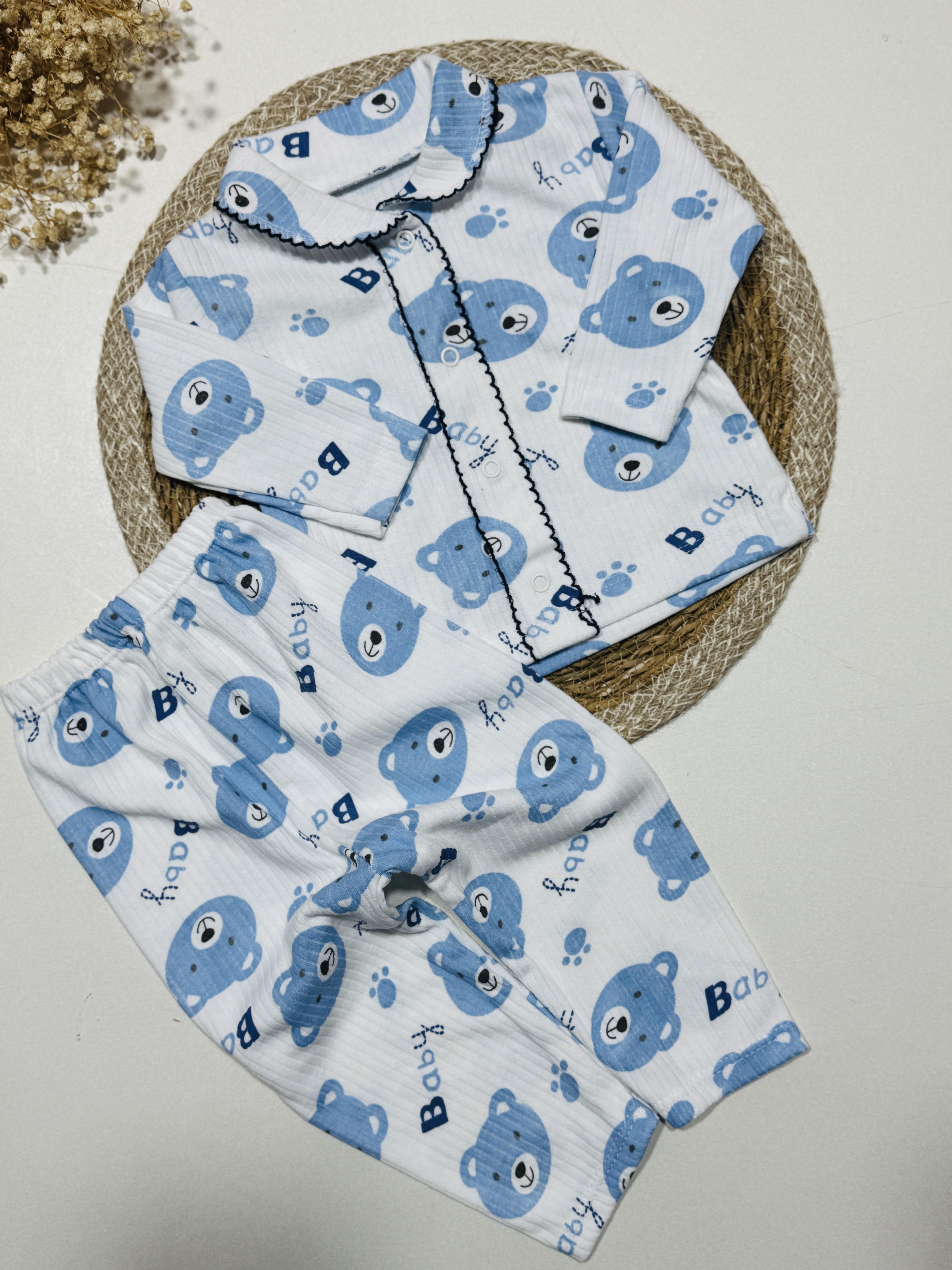 Ayıcık desenli mavi renk erkek bebek takım