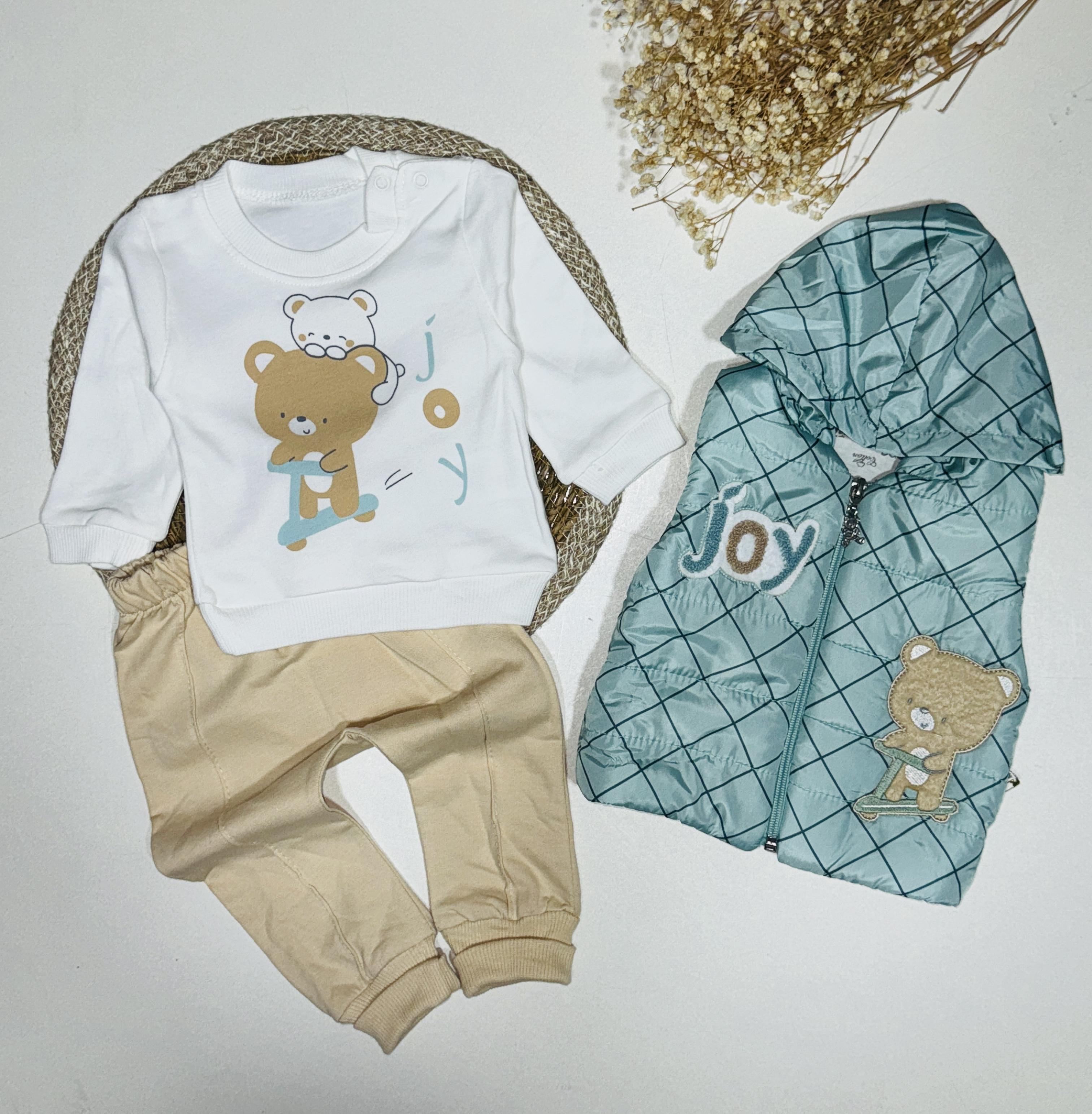 Bear temalı mint yeşil  erkek bebek 3’lü takım