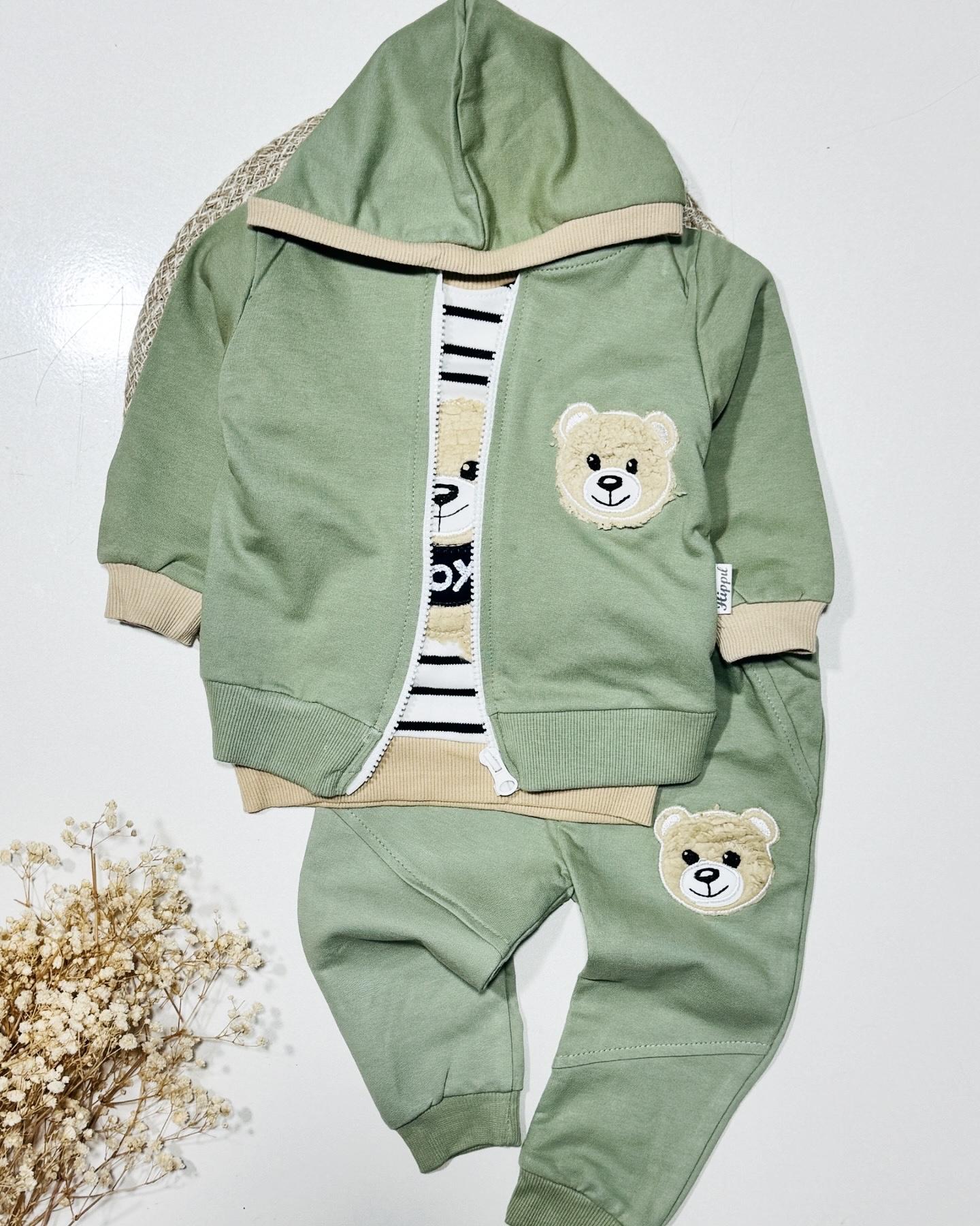 Bear nakışlı haki renk bebek 3’lü takım