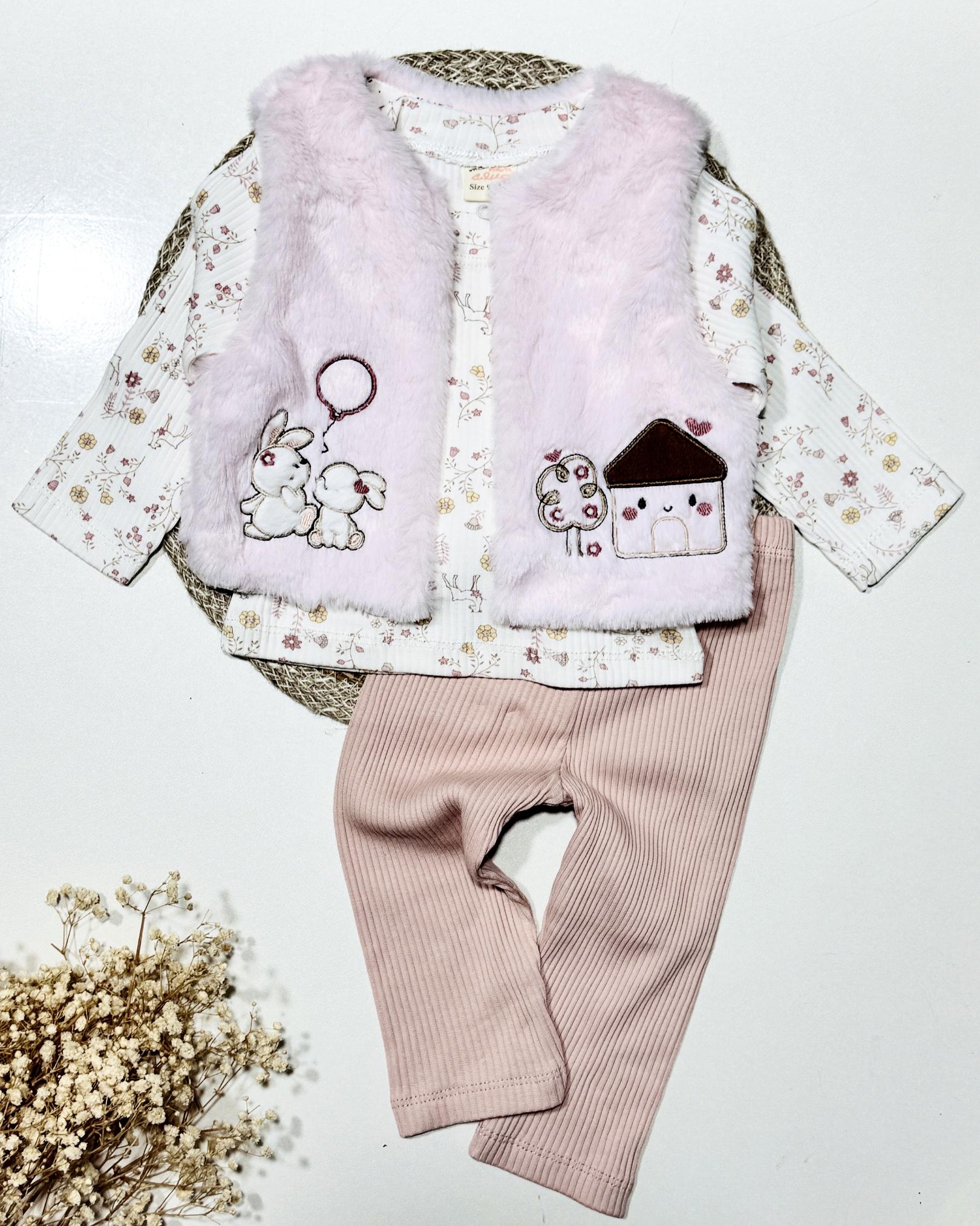 Peluş yelekli kız bebek 3’lü takım